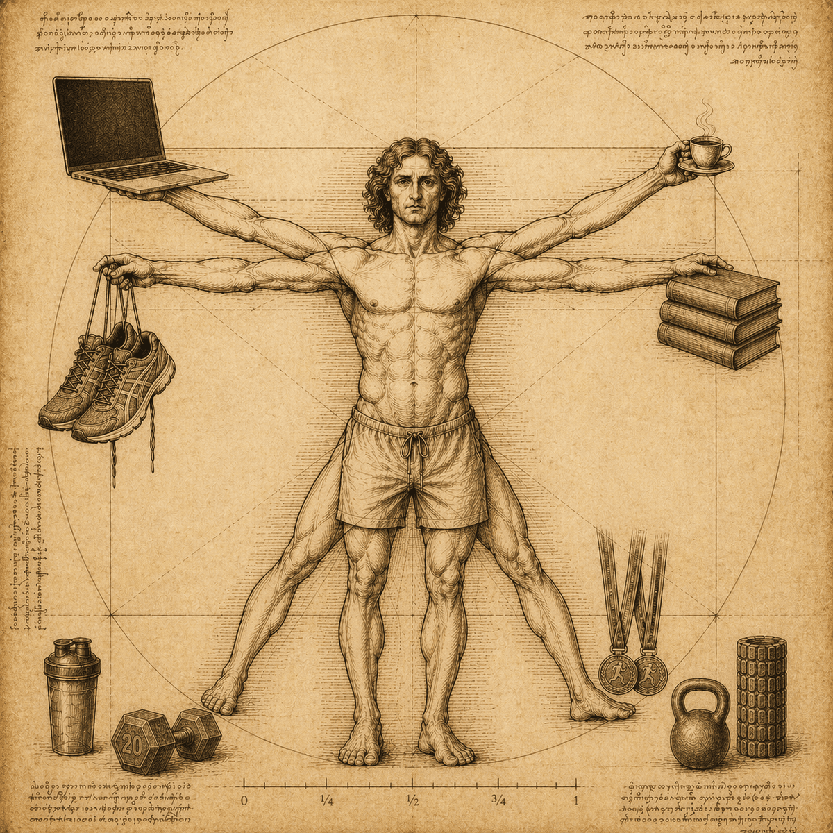 Vitruvian-style illustration of Allan Fernandes